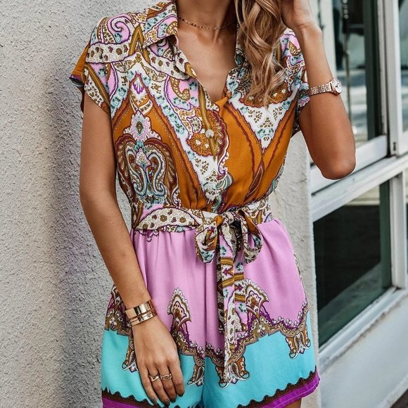 Multicolor Boho Womens Graphic Batwing Sleeve Belted Romper - Picture 3 of 5